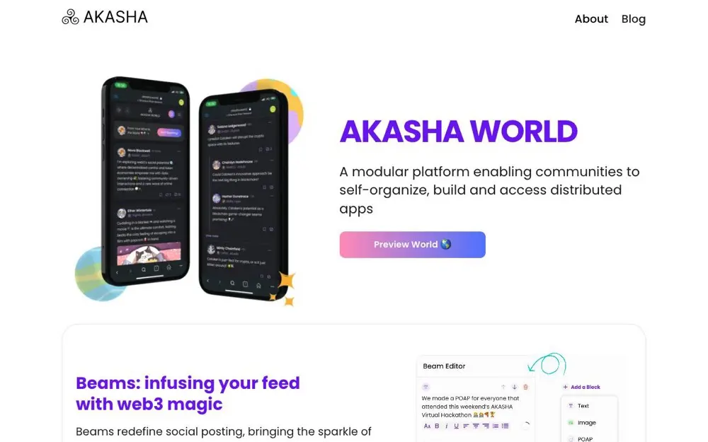 The AKASHA World site, showing the social app on two phones.