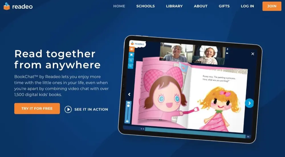 Readeo's home page, showing a BookChat call on a tablet: a picture book open beneath two video feeds.